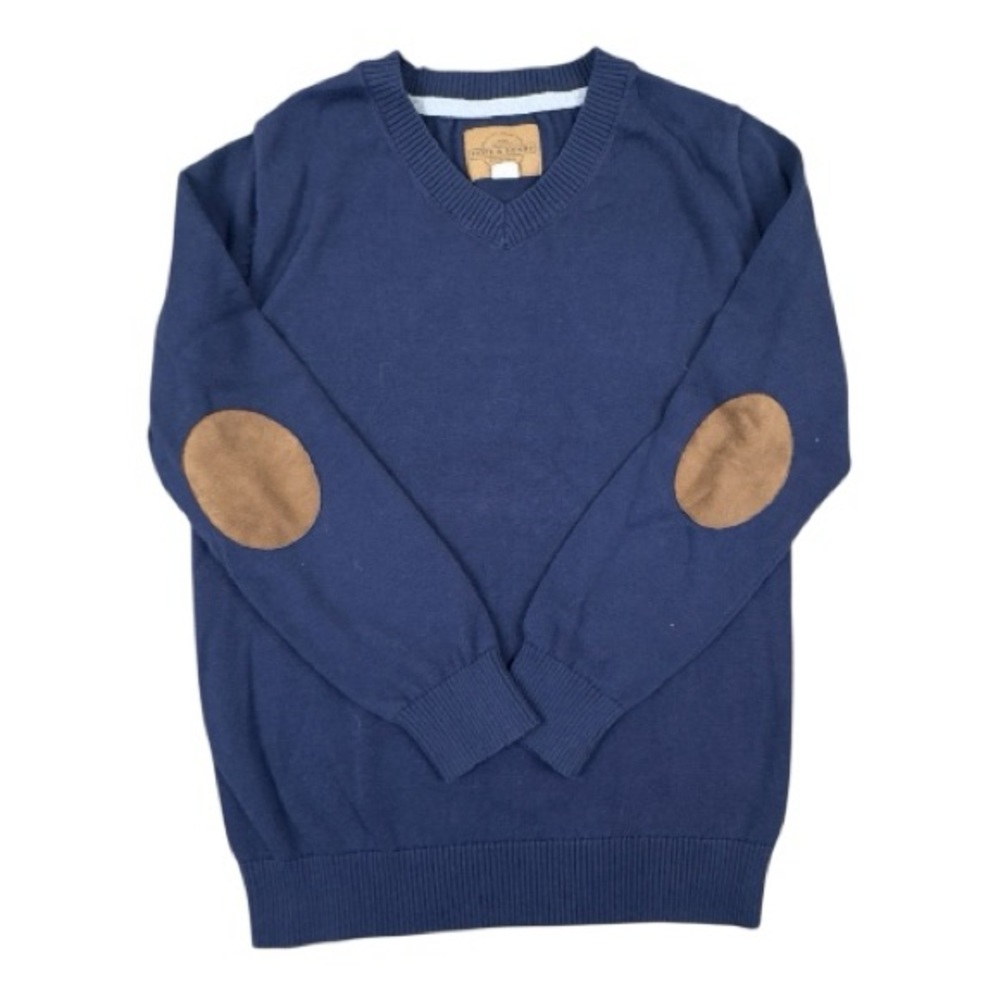 Hope & Henry Navy Blue Fine Gauge V-Neck Organic Elbow Patches Sweater Boys M